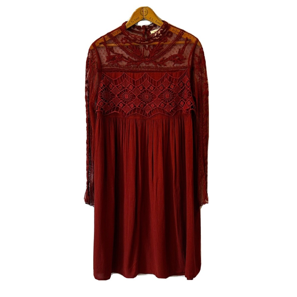 🍁🍂Sundance Womens Size 10 Dress Lace Crochet Embroidered Maroon Long Sleeve